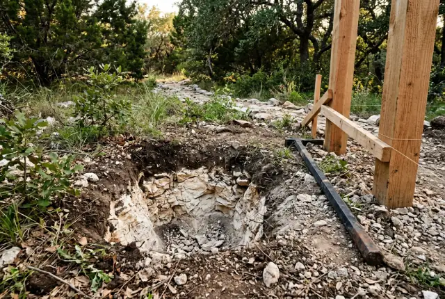 Post hole dug through thin soil into layered white limestone, next to wood batter boards and string lines