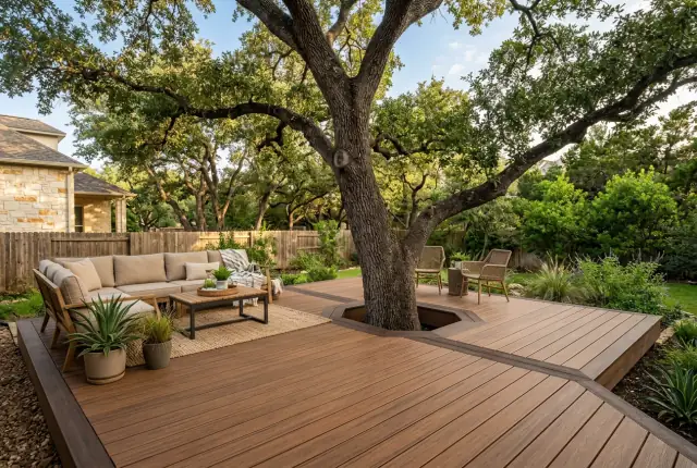 Brown composite deck built around a live oak, with a ring cut open for the trunk and outdoor seating on the boards